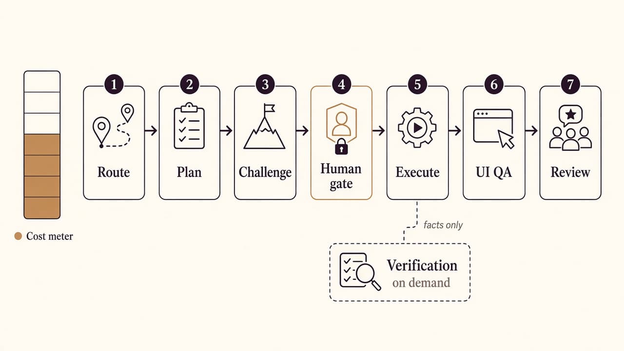 Pipeline diagram: Route, Plan, Challenge, Human gate, Execute, UI QA, Review, with Verification on demand and a cost meter.