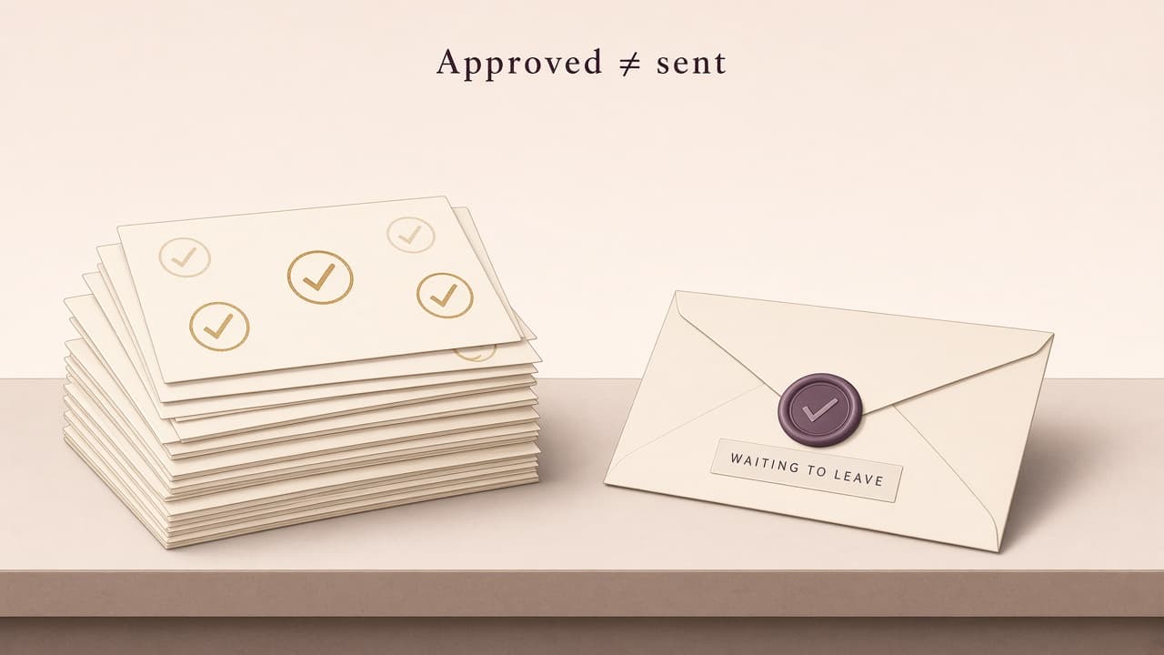 A stack of cards marked with checks beside a sealed envelope labelled Waiting to leave. The line above reads Approved ≠ sent.